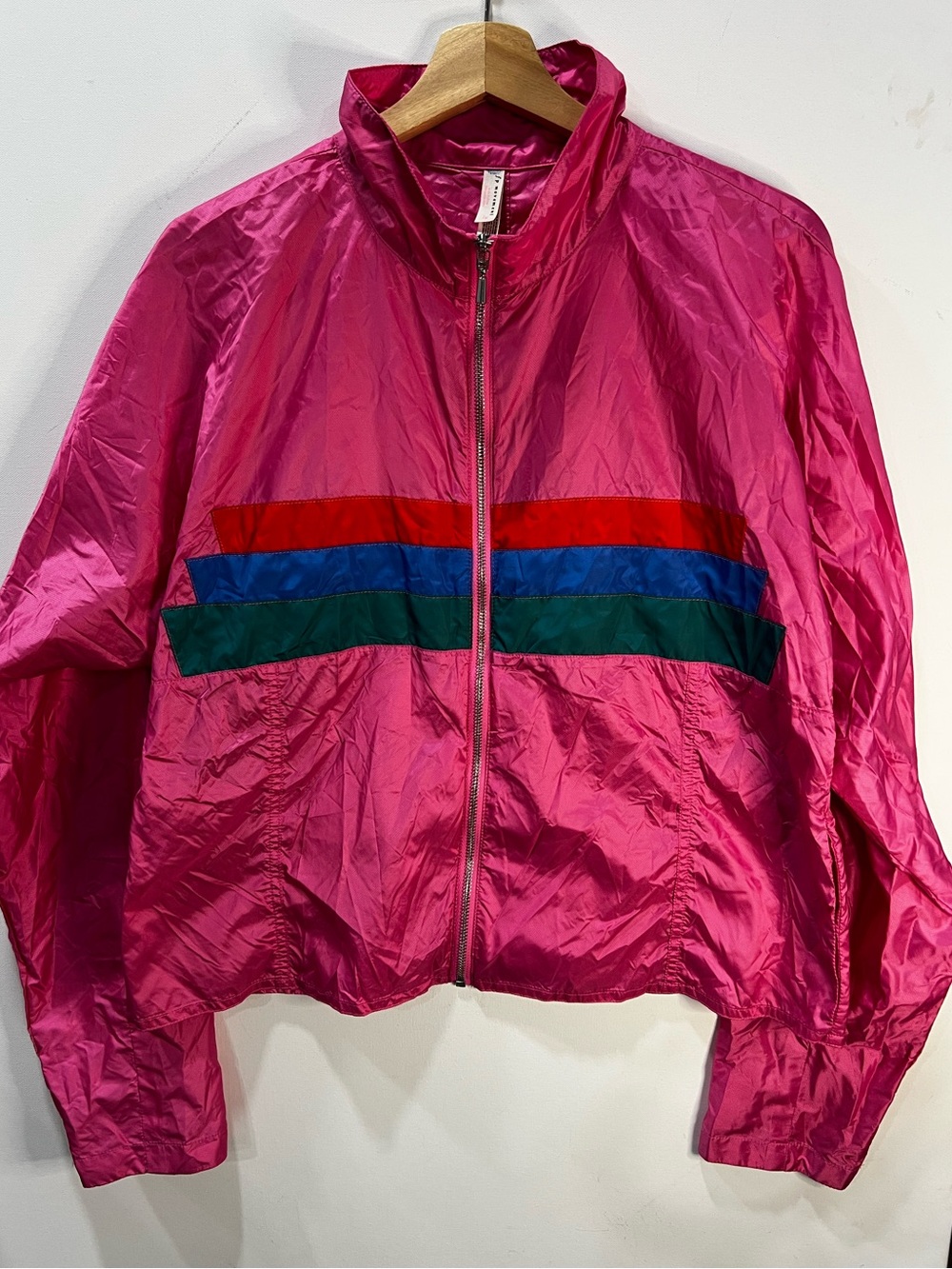 Free People Hot Pink Zip Bomber Jacket with Red, Blue & Green Stripes